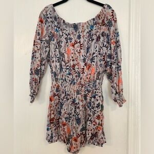 Free People Pretty &‎ Free Romper Medium Gray Floral Long Sleeve Open Back